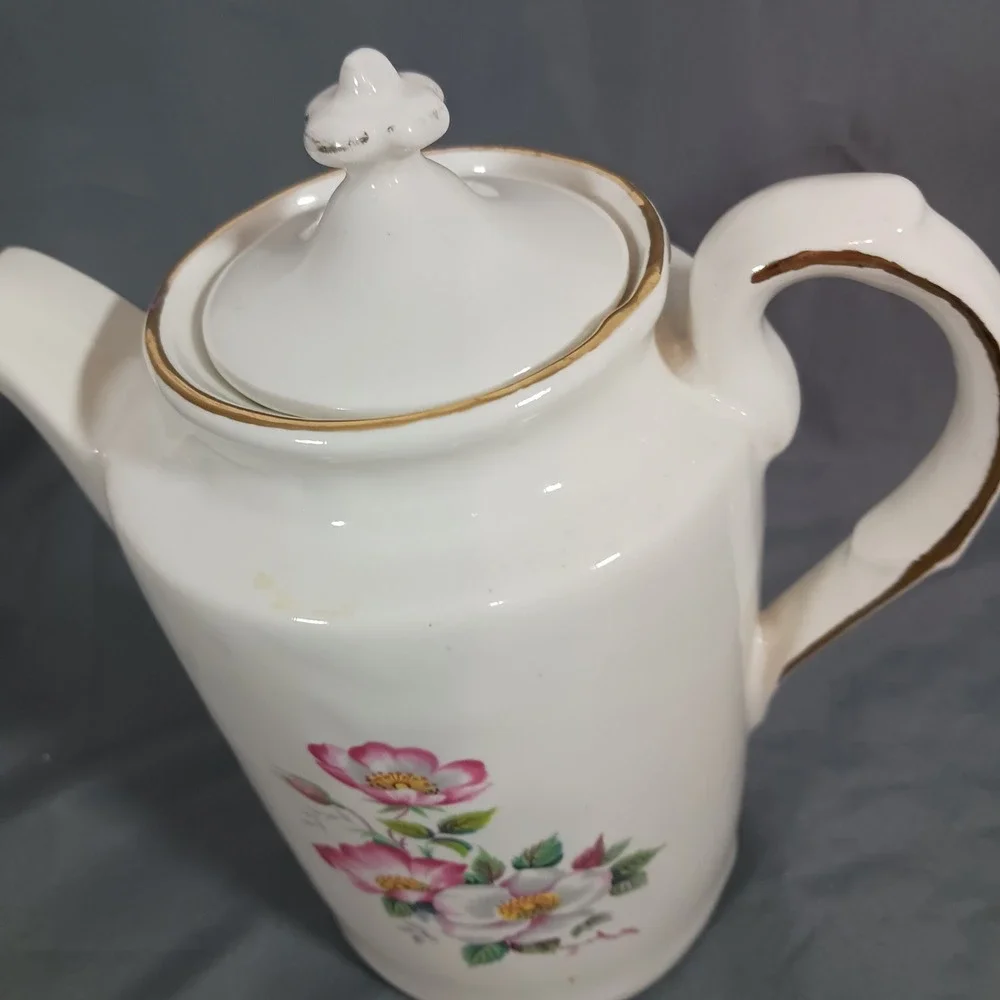 Vintage Floral Teapot Coffee Server White Good Gold Trim Wild Rose Cottagecore